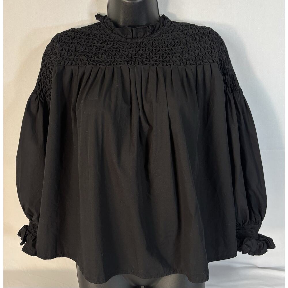Anthropologie Maeve Black Smocked Puff Long‎ Sleeve Cotton Sz 0 Goth Witchy